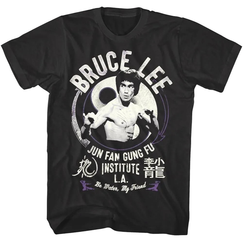 Black t-shirt with Bruce Lee graphic and white text on a black  background
