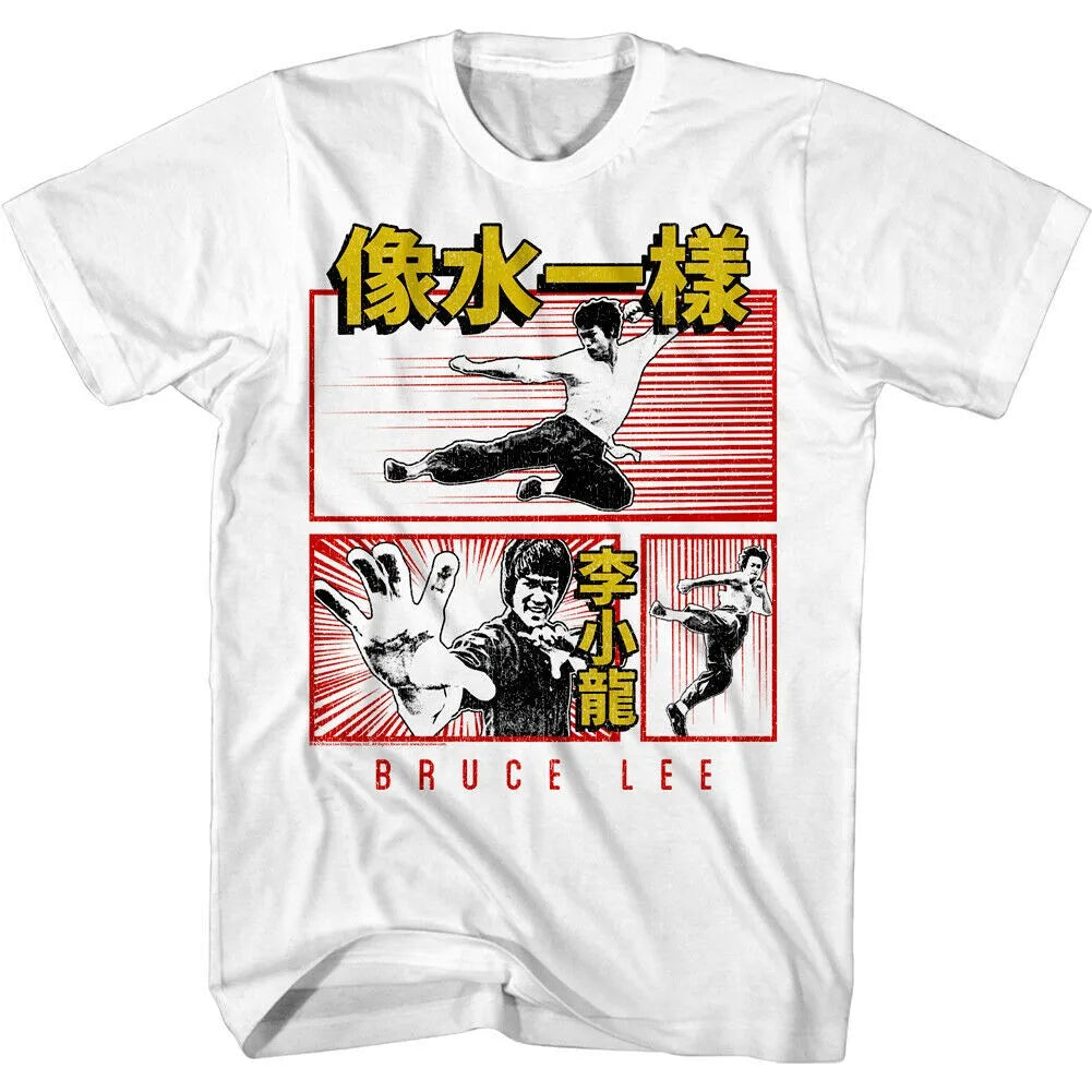 White t-shirt with Bruce Lee graphic and red & yellow text on a white background
